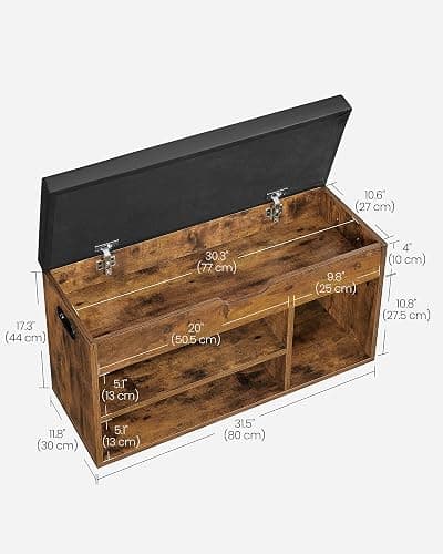 VASAGLE Shoe Bench with Cushion, Storage Bench with Padded Seat, 3 Compartments, Hidden Storage, Shelves, Living Room Lounge Hallway Bedroom, Load Capacity 150 kg, Rustic Brown LHS30BX thumbnail 3