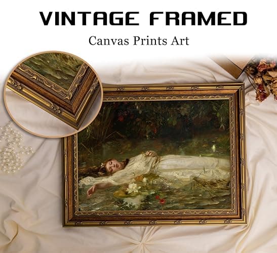 Vintage Gold Framed Ophelia Canvas Wall Art Gothic Dark Academia Pond Lotus Painting Picture Wall Decor Retro Romantic Victorian Antique Woman Poster Print Artwork for Living Room Bedroom Bathroom thumbnail 3