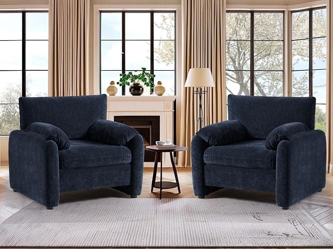 HUSFU Chenille Oversized Armchair, 38.4" Wide Accent Chairs for Living Room & Bedroom, Upholstered Mid-Century Reading Chair, Comfy Living Room Chair, Single Sofa Chair Set of 2, Blue - 2 - Blue - Image 1