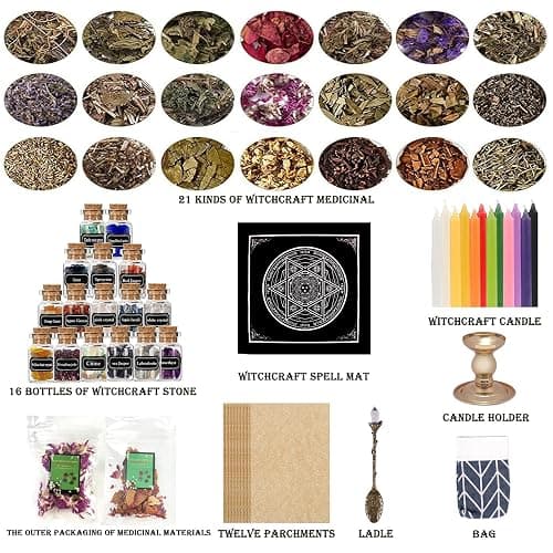 Witchcraft Supplies Kit, 86 PCS Wiccan Supplies and Tools, Include Dried Herbs, Crystal Jars, Colored Candles and Parchments, for Beginners Witches Pagan Altar Decor thumbnail 2