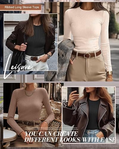 Ficerd 3 Pack Women's Ribbed Long Sleeve Tops, Crew Neck Slim Fit Undershirts Knit Basic Casual Stretch Layering Tee Shirts thumbnail 4
