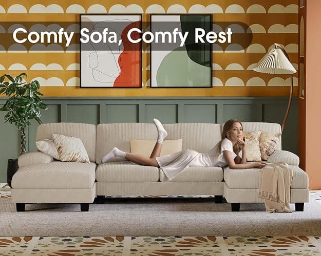Furmax Sectional Couches for Living Room, Corduroy, Beige | U-Shaped Sofa Couch with Linen Fabric, 4 Seat Sofa Set with Double Chaise for Apartment thumbnail 4