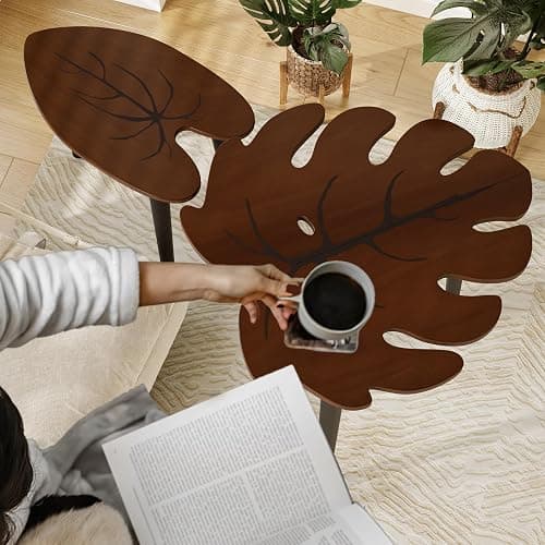 BAMEOS Monstera Leaf Nesting Tables Set of 2, Small Coffee Table Set with Leaf Vein Pattern, Modern Wooden Side Tables for Living Room Bedroom Apartment Balcony Yard thumbnail 4