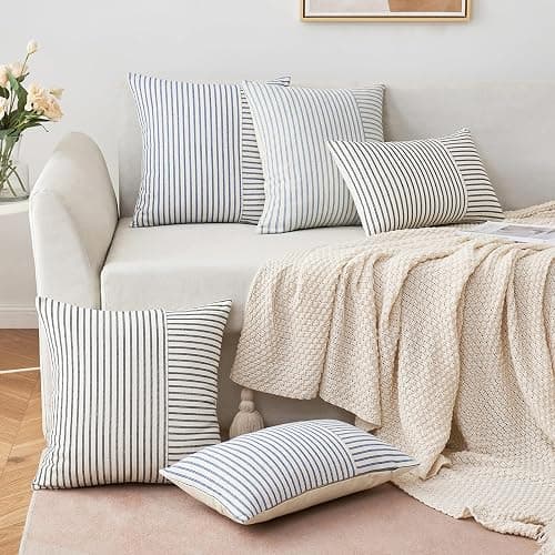 MIULEE Grey and Beige Patchwork Farmhouse Pillow Covers 12x20 Inch, Pack of 2 Striped Linen Decorative Modern Accent Pillow Cases for Sofa Couch Bedroom thumbnail 3