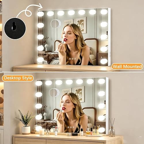 KIMLOONG Hollywood Vanity Mirror with Lights, 23×18 Inch Lighted Makeup Mirror with 3 Color Lights, 15 Dimmable LED Bulbs, USB Charging Port for Dressing Room & Bedroom, Aluminum Metal Frame thumbnail 7