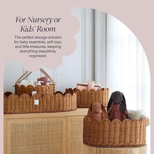 BEBE BASK Premium Scalloped Basket Set Of 2 - Scallop Basket - 16 x 10 x 7 Inch - Hand-Woven Elegant Wicker With Scalloped Edge - Nursery Storage (Mocca) thumbnail 8