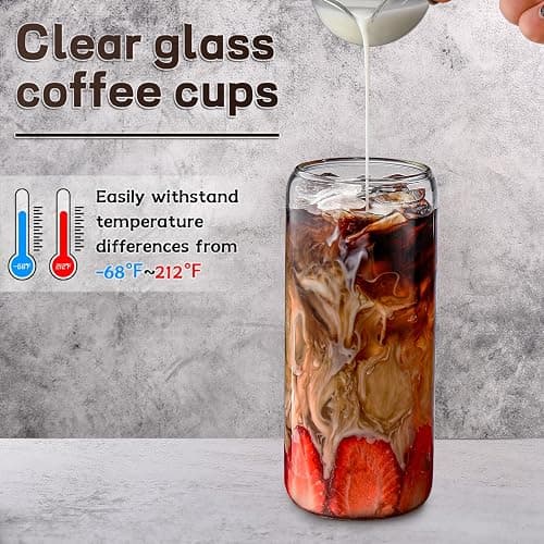 Glass Cups “20oz”,Glass Cups with Lids and Straws 4 pcs-DWTS Coffee Cups,Drinking Glasses Set,Glass Tumbler with Straw and Lid Gift 2 Cleaning Brushes - 1 - 20oz Clear thumbnail 5