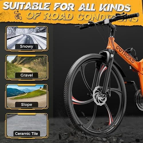 Outroad 26 Inch Folding Mountain Bike, 21 Speed Full Suspension High-Carbon Steel MTB Foldable Bicycle, Dual Disc Brake Non-Slip Folding Bikes for Adults/Men/Women, Black, Orange and Green thumbnail 8