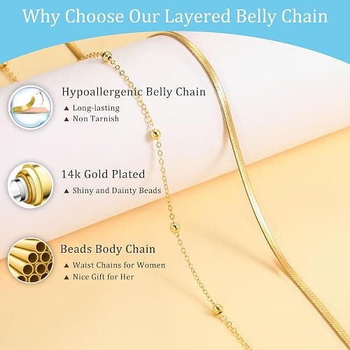 CHESKY 14K Gold Plated Silver Plated Waist Chain for Women, Layered Belly Belt Chains Beach Waist Beads Chain Waterproof Snake Cuban Body Chain Summer Jewelry Accessories for Women thumbnail 4