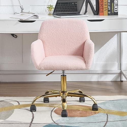 KCC Faux Fur Vanity Makeup Desk Chair, Comfy Fluffy Swivel Modern Leisure Armchair with Wheels, Upholstered Fuzzy Height Adjustable for Teens Women Girls Elegant Home Office, Pink thumbnail 9