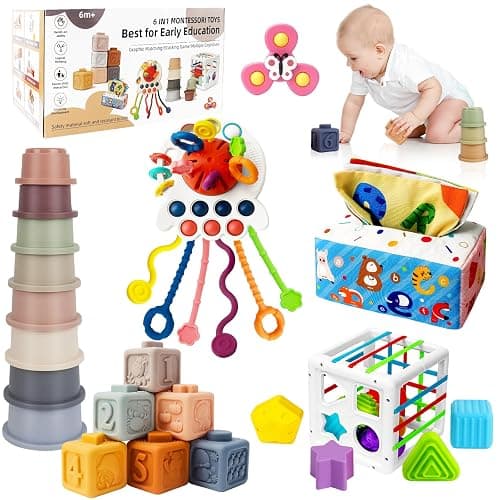 6 in 1 Montessori Toys for Babies 6-12 Months Up - Incl Pull String Toy, Stacking Cups, Tissue Box, Suction Cup Spinner, Stacking Blocks,Activity Cube, Baby Toys for 1 2 3 Year Old - Image 1