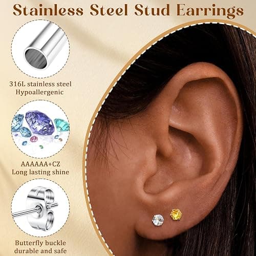 LOYALLOOK 12 Pairs Stainless Steel Cubic Zirconia Stud Earrings, Brilliant Cut Round CZ Earrings set, Birthstone Stud Earrings for Women thumbnail 3