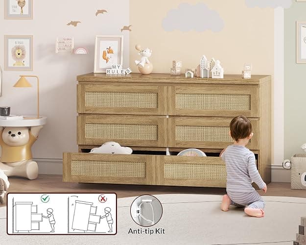 GarveeHome Rattan Dresser for Bedroom, Modern 6 Drawer Double Dresser for Bedroom, Wide Wood Chest of Drawers for Bedroom, Living Room, Hallway, Natural thumbnail 5