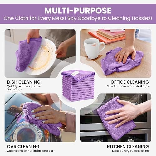 SIFANGKE Microfiber Cleaning Cloth, 12 Pack Purple Cleaning Rags for Housekeeping, Reusable Microfiber Towels for Car, Kitchen, Bathroom and Household Cleaning Supplies, 11.8"X11.8" thumbnail 5