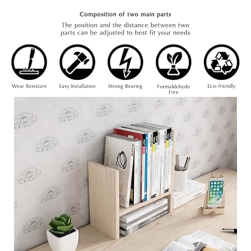Jerry & Maggie Desktop Organizer Office Storage Rack Adjustable Wood Display Shelf Free Style Double H, Multi-Functional Mini Bookshelf for Desk Natural Stand (White Wood Tone) thumbnail 9