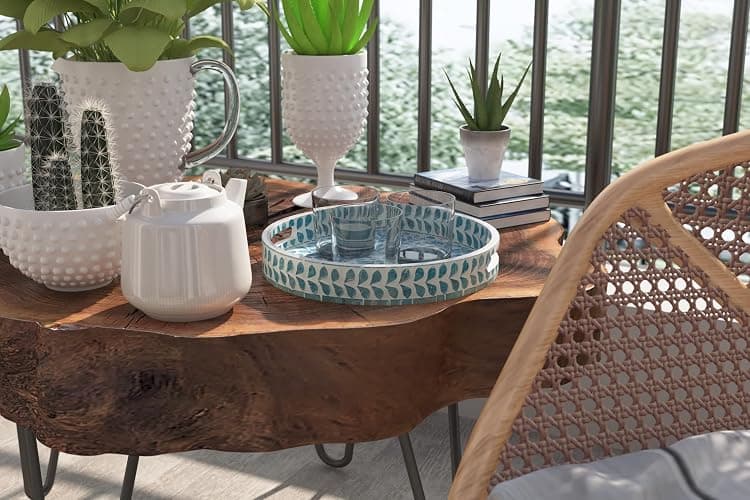 PEMAR 12.6” Mother of Pearl Round Serving Tray with Handles, Decorative Nacred Wooden Ottoman Coffee Table Tray (Teal Floral Pattern) thumbnail 8