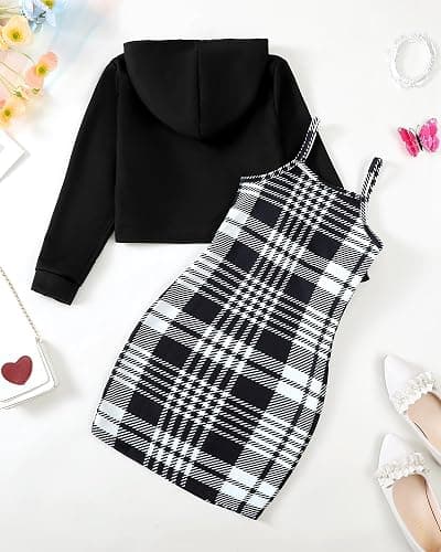 YOURUIKEY Girls 2 Piece Outfits Cami Dresses Hoodie Clothing Set Plaid Bodycon Dress Crop Top Sweatshirt Fall Winter Clothes thumbnail 4