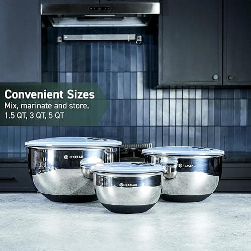 HexClad Stainless Steel Mixing Bowl Set, 3-Piece with Vacuum Seal Lids and Non-Slip Base, 1.3,3 and 5 Quarts thumbnail 6