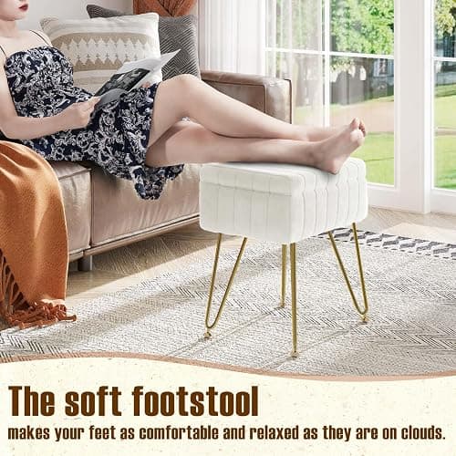 Greenstell Vanity Stool Chair Faux Fur with Storage, 15.7"L x 11.8"W x 19.4"H Soft Ottoman 4 Metal Legs with Anti-Slip Feet, Furry Padded Seat, Modern Multifunctional Chairs for Makeup, Bedroom White thumbnail 4