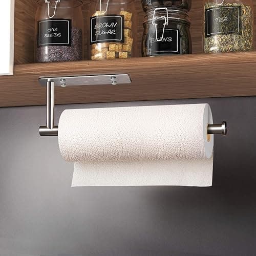 VAEHOLD Self Adhesive Paper Towel Holder Under Cabinet Mount, Wall Mounted Paper Towel Roll Holder with Damping Effect for Kitchen, Bathroom, Wall - SUS304 Stainless Steel (Brushed Silver) thumbnail 5