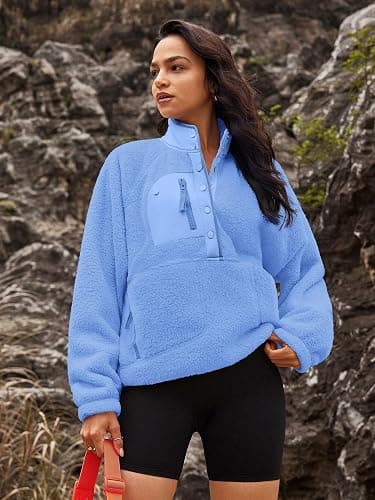 Nirovien Womens Fleece Pullover Long Sleeve Sherpa Jacket Button Down Fuzzy Sweatshirt Warm Outwear with Pockets thumbnail 3