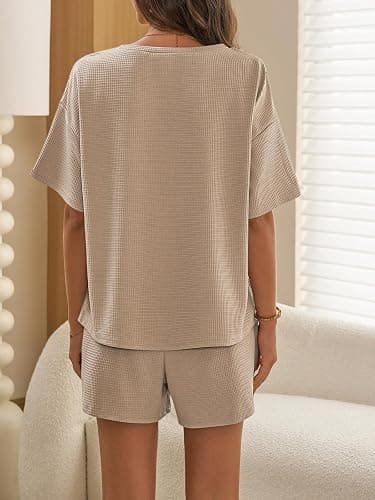 Aoysky Womens Waffle Knit 2 Piece Outfits Casual Short Sleeve Shirts and Shorts Sets Loose Fit Summer Outfits thumbnail 4