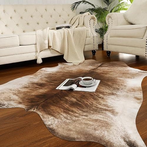 AROGAN Western Decor Faux Fur Cowhide Rug, 6.2 x 5.2 Feet Premium Animal Skin Cow Hide Rug, Durable Cow Print Rugs for Wall Decor, Western Floor Carpet for Bedroom Living Room, Brownish thumbnail 3