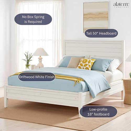 Arden Queen Size Panel Bed Frame – Solid Brazilian Pine Wood with High 50" Headboard, Low 18" Footboard, 8" Underbed Clearance – Rustic Boho Bedroom Style by Alaterre Furniture (Light Driftwood White) thumbnail 3