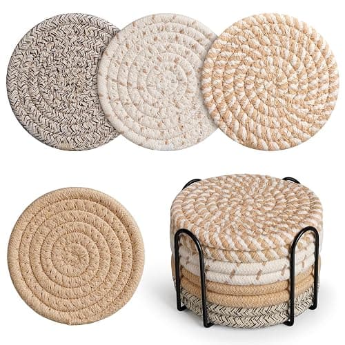 Drink Coasters with Holder, 4 Colors Absorbent Coasters, Cotton Woven Coaster Set of 8 for Table Protection, Home Decor, Housewarming Gift - Image 1