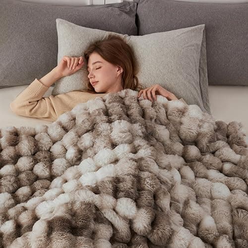 COOVA Faux Fur Throw Blanket for Couch, Cozy Soft and Fuzzy Plush Rabbit Fur Bubble Blanket for Sofa Bedroom Living Room, 50x60 Inches Tie Dye Brown thumbnail 3