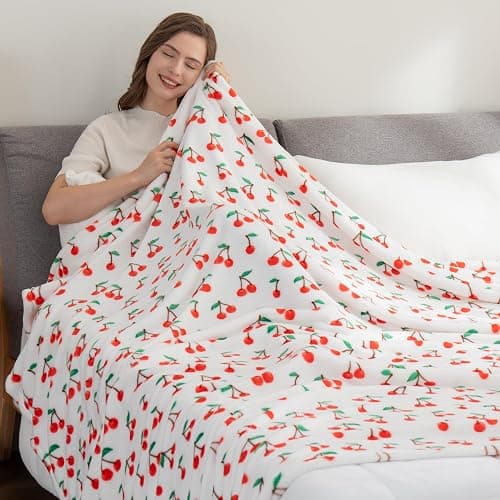 Berkshire Blanket-Classic Heavyweight Soft Printed VelvetLoft® Plush Blanket, Full/Queen Size Soft Fuzzy Warm Blanket for Couch Sofa Bed, Cherries Toss White, 90in x 90in thumbnail 4