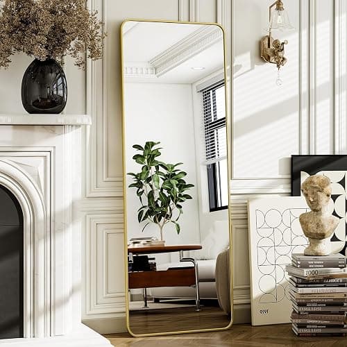 HARRITPURE 56" x 21“ Full Length Mirror - Rounded Corner Floor Mirror with Stand, Gold Aluminum Frame Full Body Mirror, Hanging/Leaning/Standing Mirror for Bedroom, Cloakroom thumbnail 6