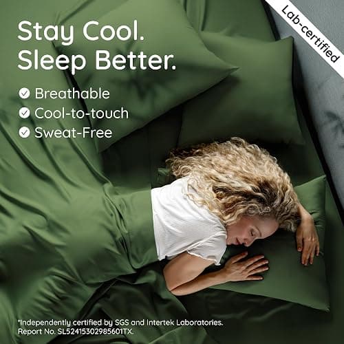 Bambaw 100% Viscose Derived from Bamboo Sheets Queen Size Set – 4pcs Cooling Sheet Set, Super Soft Sheets Queen Size, Luxury Bedding, Deep Pocket Fits Up to 16'' Mattresses (Olive) thumbnail 3
