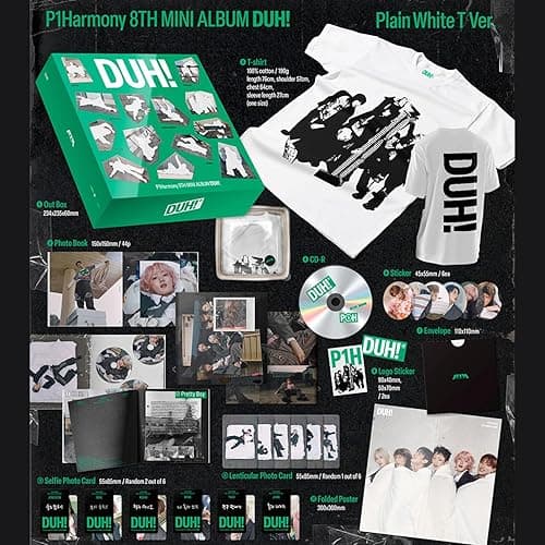 P1Harmony - 8th Mini Album [DUH!] (MD/Plain White T Ver.) Out Box + T-Shirt + Photo Book + CD-R + Sticker + Selfie Photo Card + Folded Poster + 3 Extra Photocards thumbnail 3