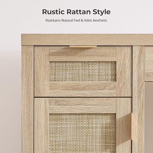 SICOTAS Rattan Vanity Home Office Desk - 52" Large Farmhouse Boho Makeup Vanity Dressing Table with 3 Drawers & 2 Storage Cabinets, Vanities Desk for Makeup Room, Bedroom, Home Office, Light Oak - Reclaimed Light Oak - 1 Piece thumbnail 5