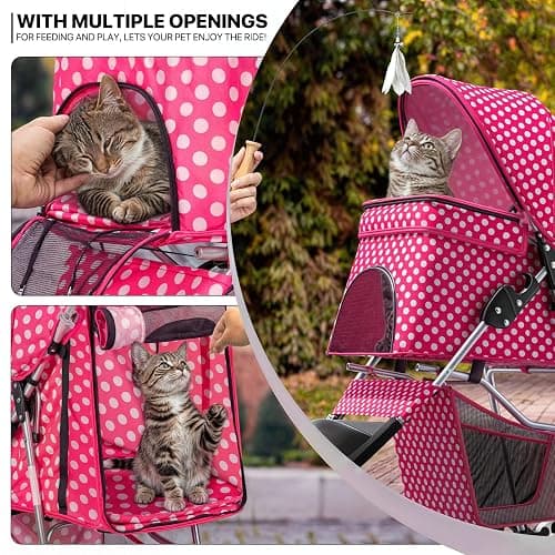 MoNiBloom 3 Wheels Pet Dog Cat Stroller for Small Medium Dogs Cats, Foldable Jogger Stroller w/Storage Basket and Cup Holder, Hot Pink Polka Dots thumbnail 10