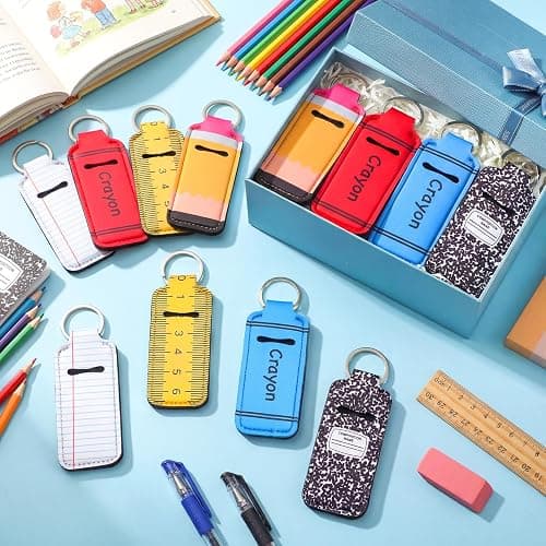 Yeyeplum 12 Pcs Back to School Lipstick Holder Keychains Bulk 6 Style | Lip Balm Case Sleeve for Women Purse Accessories, Teacher Appreciation Gifts Party Favors, Pocket Design with Keyring thumbnail 2