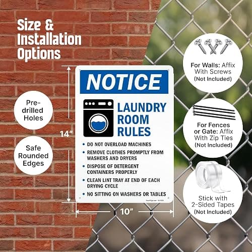 SmartSign Laundry Room Rules 'Notice - No Overload, Remove Clothes, Dispose Detergent, Clean Lint, No Sitting' Metal Sign, 14" x 10", 40 mil Laminated Aluminum, Blue/Black/White, USA-Made thumbnail 3