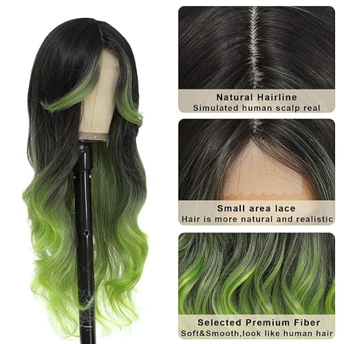 iluadme Black And Green Wig Highlight Sythetic Long Wavy Wig 26" Skunk Stripe Wigs For Women Daily Party Used Middle Part Cosplay（#OTgreen） thumbnail 3