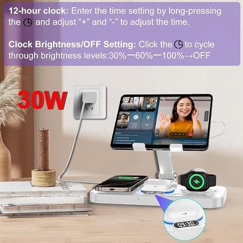 30W Charging Station for Apple Products, Foldable Wireless Charger with Clock Display&7 Color Light, Wired Charging for iPad/Tablet Charging Station for iPhone17, for Apple Watch11 for AirPods4(White thumbnail 4
