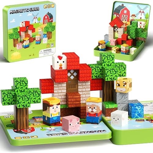 49 Pcs Farm Animals Magnetic Building Blocks Set for Toddlers 3-5, Travel Toys with Iron Storage Box, Magnetic Tiles & Cubes for Kids Ages 4-8, STEM Learning, Portable Play Base for Car Plane Trips thumbnail 8