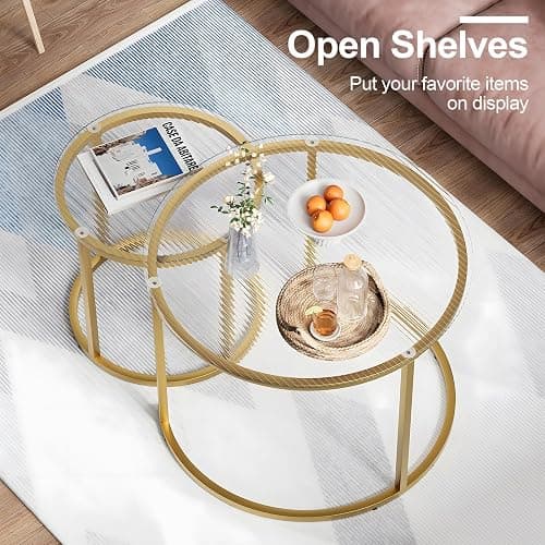 aboxoo Nesting Coffee Table Set of 2, Small Round Glass Nesting Tables for Living Room Bedroom, Accent Tea Table with Gold Metal Frame Modern Industrial Simple thumbnail 4
