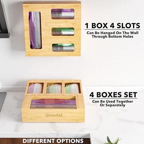 SpaceAid Bag Storage Organizer for Kitchen Drawer, Bamboo Organizer, Compatible with Gallon, Quart, Sandwich and Snack Variety Size Bag (1 Box 4 Slots) thumbnail 6