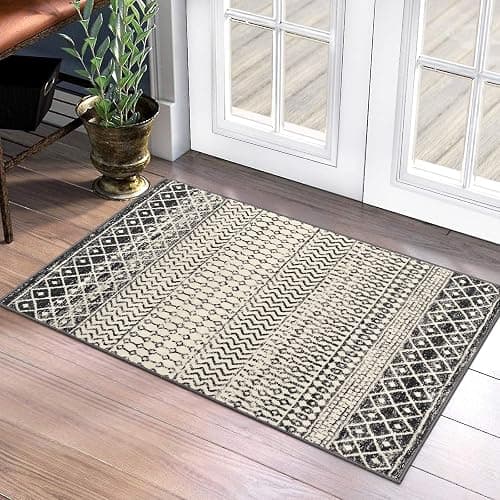Nailttos Moroccan Area Rug, 2x3 Black Distressed Entryway Rug Non-Slip Small Rug, Soft Low-Pile Washable Indoor Door Mat Floor Carpet for Entrance Bedroom Kitchen Bathroom - Image 1