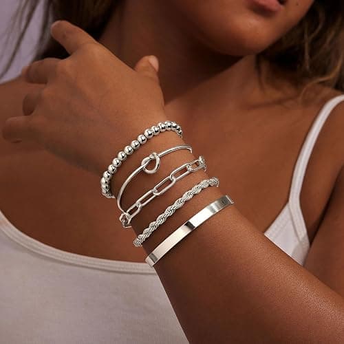 Gokeey Gold Bracelets for Women Non Tarnish, 14K Gold Plated Chunky Cuff Bracelet Gold Bangles Bracelet for Women Trendy Tie Knot Cuban Rope Paperclip Beaded Bracelet Stack Jewelry Gifts thumbnail 2