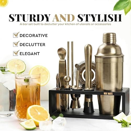 Brushed Brass Mixology Kit - 15 Piece Bar Tool Set, Silver Bar Set Cocktail Shaker Set for Drink Mixing - Includes Martini Shaker, Jigger, Strainer, Bar Mixer Spoon, Tongs, Opener | Gift Idea thumbnail 2