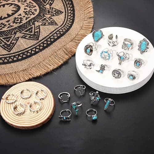 25Pcs Vintage Silver Knuckle Rings Set for Women Men, Western Cowgirl Cowboy Stackable Joint Finger Rings Open Stackable Midi Rings Retro Carved Stone Stacking Midi Adjustable Rings Bohemian Turquoise Boots Cactus Cow Head Rings Pack thumbnail 2