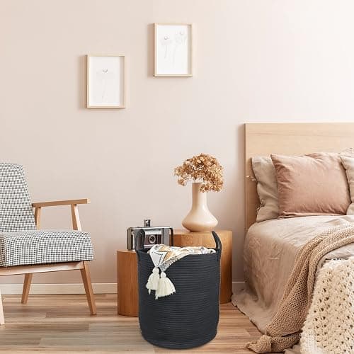 XUANGUO Black Cotton Rope Laundry Basket Hamper for Clothes Woven Storage Basket for Living Room Bedroom Boho Tall Rope Baskets for Blanket Toys Pillow Towels Baby Nursery Hamper Bin Large thumbnail 5