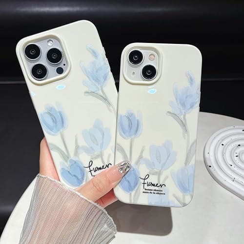 Emylisa Artistic Blue Tulip Flower Soft Designed for iPhone Case (Beige,for iPhone 15) thumbnail 2