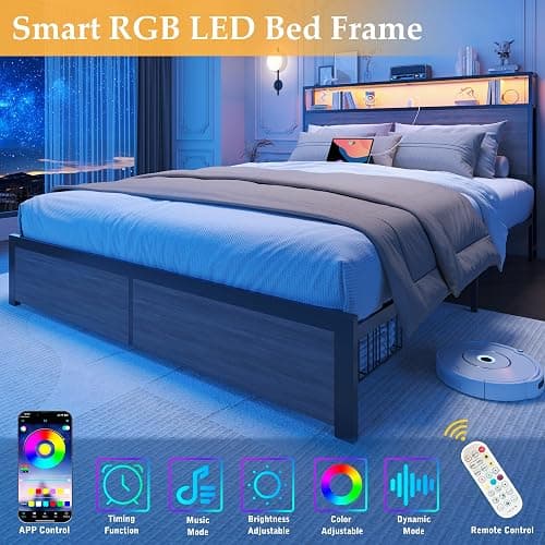 Lifezone Queen Bed Frame with 2-Tier Storage Headboard, Bedroom Metal Bed Frame with 2 Storage Drawers & Fast-Charging Station & LED, Noise-Free, No Box Spring Needed, Easy Assembly, Rustic Grey thumbnail 3